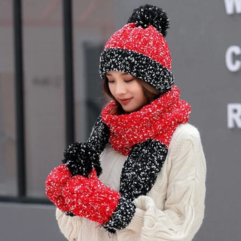 

2020 Winter Knitted Hats Scarf Set For Women Winter Warm Pom Pom Beanie Hat Scarves Gloves Female Cap Girl Patchwork Thick Hat