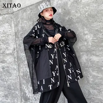 

XITAO Tide Fashion Plus Size Jacket Patchwork Mesh Letter Hollow Out Pocket Personality Hooded Collar Thin Coat Top XJ3748
