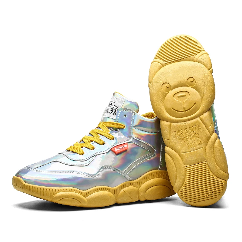 YEINSHAARS Gold Silver Black Leather Casual Shoes Fashion Men Bling High Top Lace Up Sneakers Outdoor Male Footwear