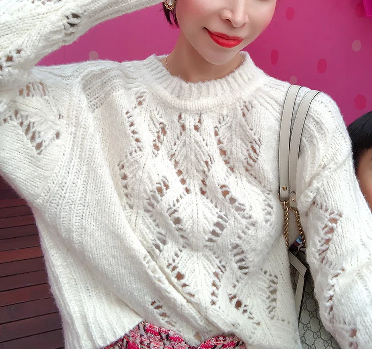white as pic Женский шерстяной свитер с длинным рукавом и круглым вырезом, белый пуловер, свитер с вырезами, осень, новейшая мода, вязаный джемпер - Цвет: white as pic