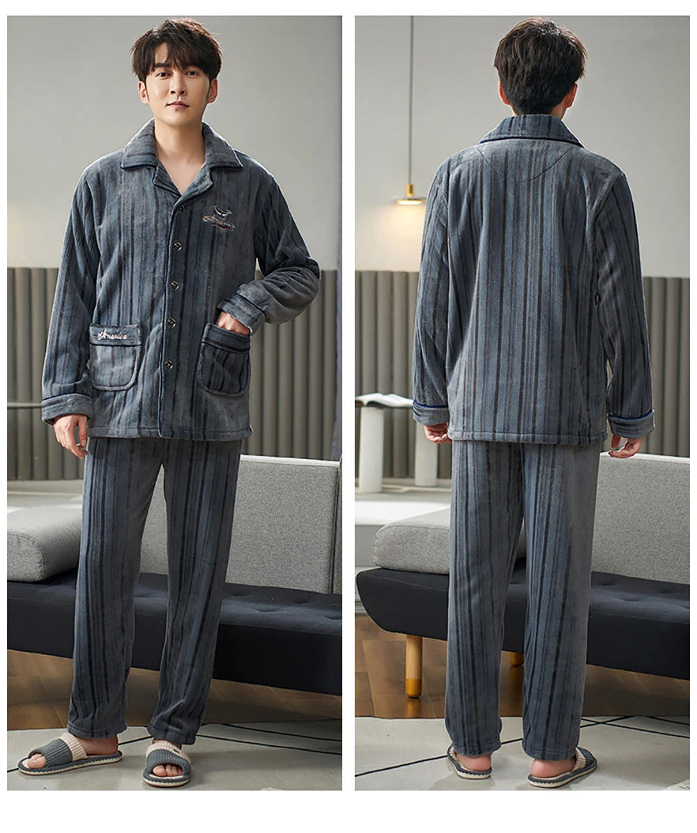 Flannel Pajama Sets Men Winter Men's Pajamas Thick Warm Lounge Set Fashion Striped Embroidery Male Pijama Casual Loungewear 3XL mens lounge wear