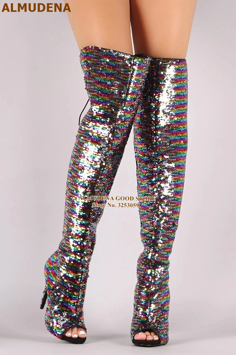 multi colored thigh high boots