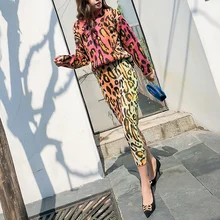 Womens 2 Piece Sets 2020 Loose Colors Leopard Jacquard Knit Sweater + Midi Pencil Skirt Suit Lady Two-Piece Dress Knit Skirt Set