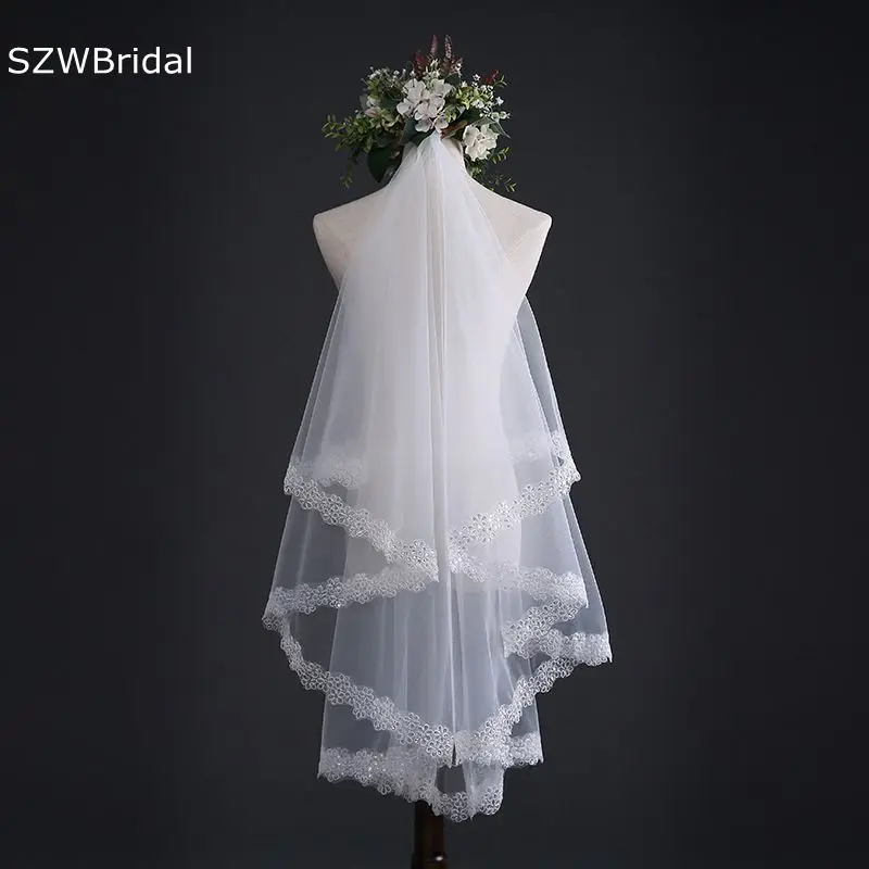 

In Stock Ivory Long Bridal veil 2024 Lace edge Wedding veils Velo de novia voile mariage wedding accessories sluier schleier