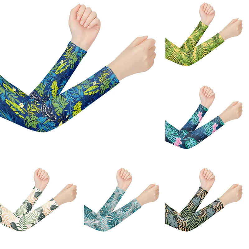 Planta de estampado de hojas mangas para deportes de voleibol femenino brazo de compresión de sol manga ciclismo Running protección UV de enfriamiento mano cubierta