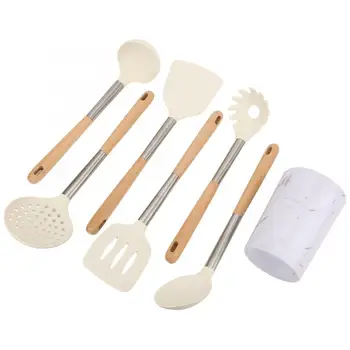 

kitchenware Silicon Turner Wooden Handle Spatula Spoon Kit for Non-Stick Pan Cooking Utensil Kitchen Ware Cookware
