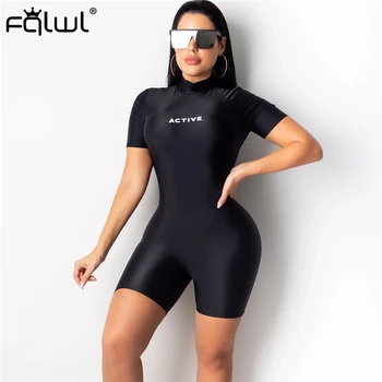 

FQLWL Black Ladies Sexy Bodycon Jumpsuit Women Shorts Female Playsuit Letter Print Fitness Biker Summer Rompers Womens Jumpsuit
