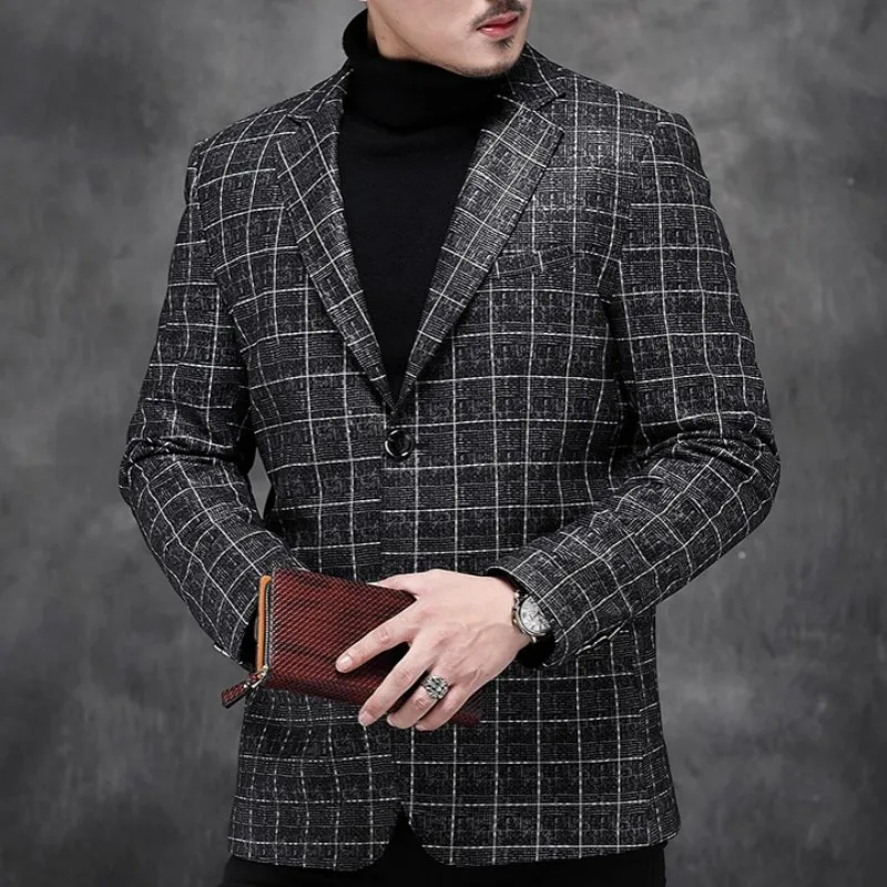 2019 Nieuwe Mannen Echt Leer Korte Jas Herfst Luxe Business Casual Blazer Oversized Lange Mouwen Slanke Plaid Pak Jas Uitloper