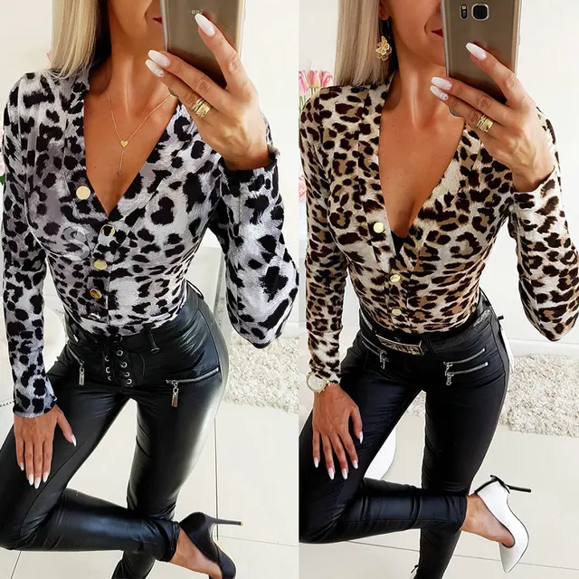 US $9.79 2019 Sexy Long Sleeve Sexy Women Romper Low Cut Leopard Printed Long Sleeve Skinny Women Bodysuit S