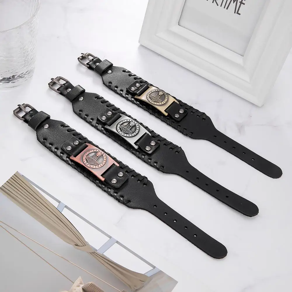 Skyrim Thor Hammer Genuine Leather Bracelets Men Holy Patron 24 Nordic Runes Amulet Button Snap Slavic Bracelet Bangle bangle bracelet leather bracelet leather bracelets