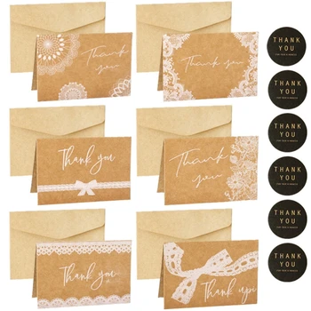 

90Sets Retro Vintage Lace Thank You Greeting Card Kraft Paper Envelopes Seal Sticker for Wedding Party Festival Invitation