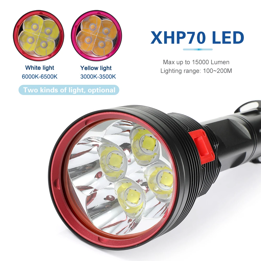 US $69.91 Super Bright 4x XHP702 Diving Flashlight IPX8 Scuba Lights 200M Underwater LED Torch Submersible lamp for Under Water Sports