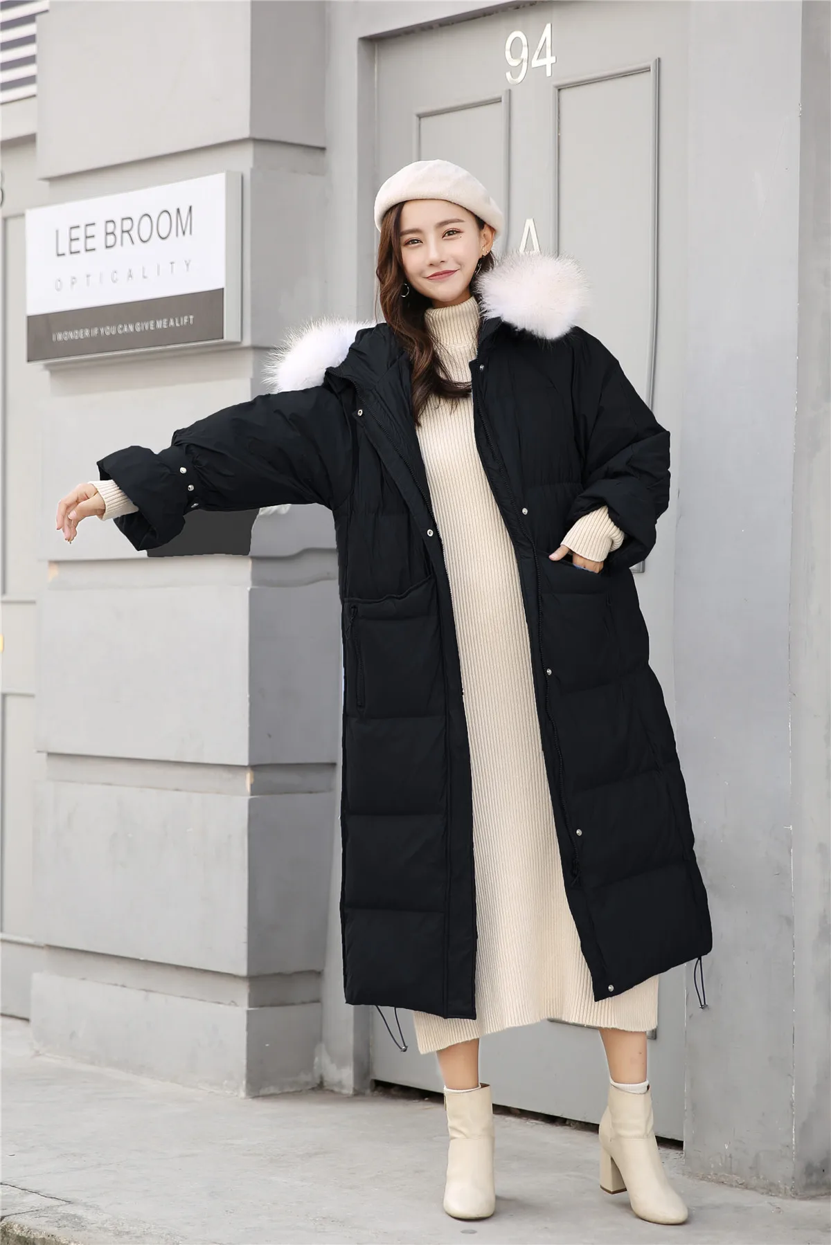 Down Jacket Women's Mid-length New Style Korean-style over-the-Knee Large Fur Collar White Slim Fit Hooded Coat Fashion