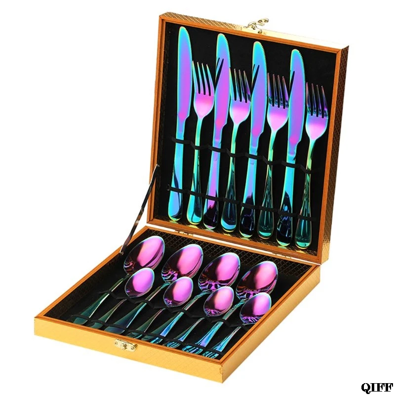 

16 PCS Rainbow Colorful Gold-Plated Stainless Steel Cutlery Spoon Four-Piece Set For Hotel Tableware Gift Party Supplies