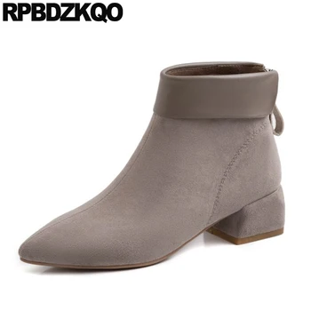 

luxury trend chunky pointed toe short women ankle boots medium heel shoes grey winter booties fur 2019 genuine leather suede new