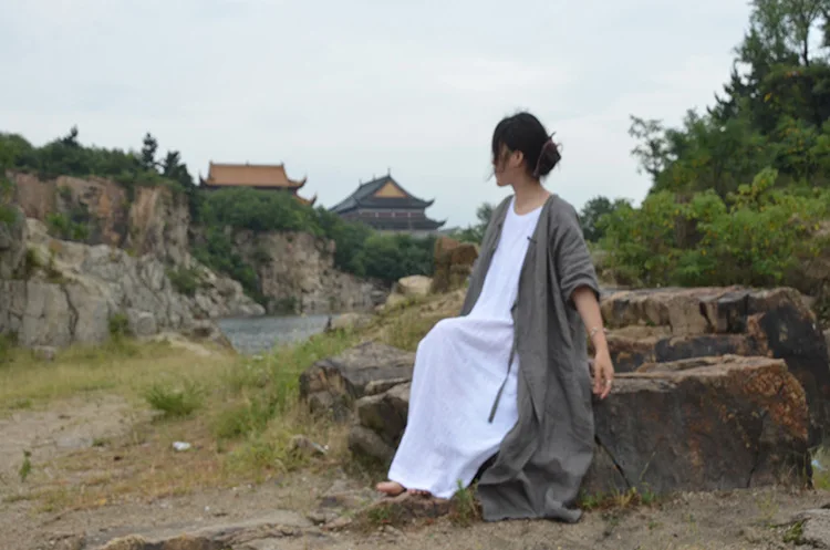Оригинальное хлопковое льняное платье, длинные юбки Xie Jin, кардиган, халаты, ручная работа, лягушка, хлопковое льняное женское платье, слева