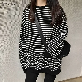 

Hoodies Women Striped Students Loose Korean Style Long-sleeve Clothing Elegant Kawaii Sweet All-match Simple Daily High-quality