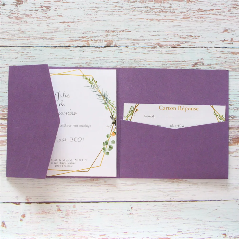 Wedding Invitations Tri-Fold Pocket Save The Day RSVP Invites Personalized Text Printing Pearl Craft Paper Multi Colors