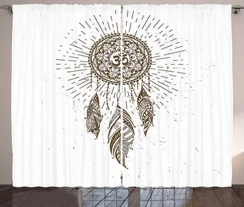 

Yoga Curtains Living Room Bedroom Brown and White Window Drapes for Kitchen Hand Drawn Style Dreamcatcher with Mandala Ancient S
