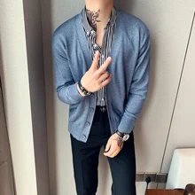 Высококачественный мужской кардиган, мода, Осень-зима, мужской свитер, длинный рукав, однотонный, уличная, v-образный вырез, Повседневные свитера для мужчин 3XL