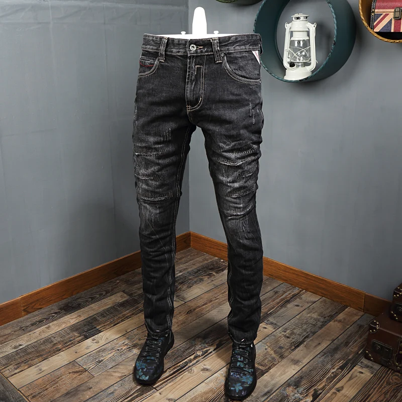 Italian Style Fashion Men Jeans Black Gray Embroidery Ripped Slim Jeans Men Streetwear Patchwork Designer Hip Hop Jeans Homme Italian Style Fashion Men Jeans Black Gray Embroidery Ripped Slim Jeans Men Streetwear Patchwork Designer Hip Hop Jeans Homme