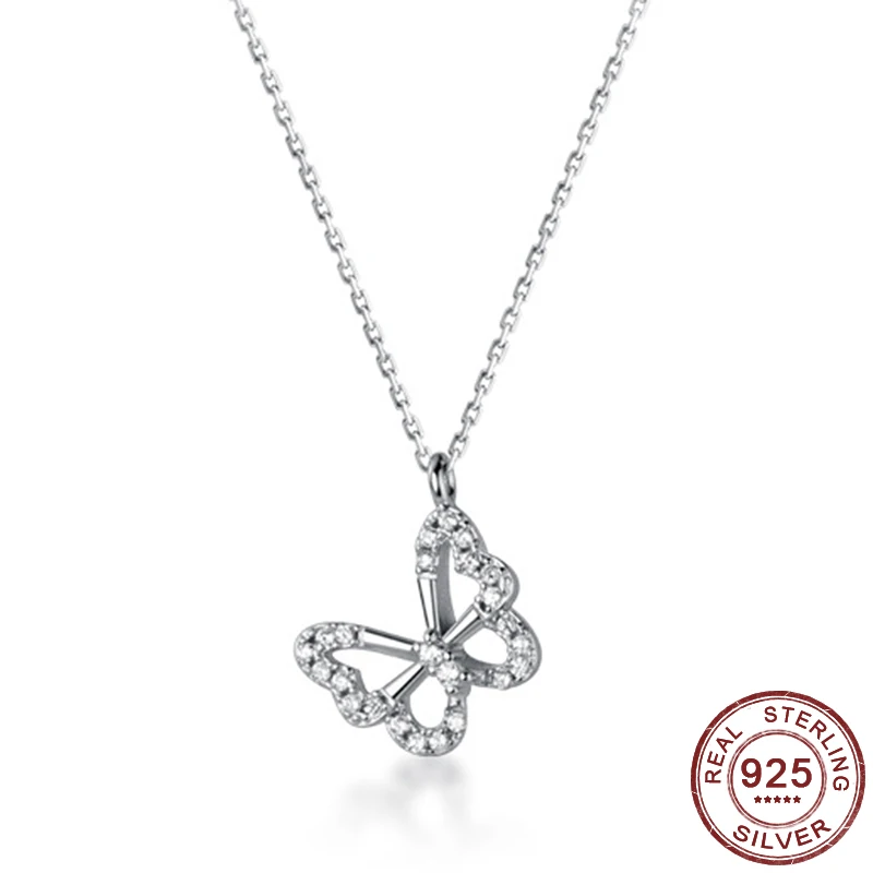 

Big Real 925 Silver Butterfly Pendant Necklace With Crystal for Women Bling Choker Necklace chain Rose Gold Color Jewelry