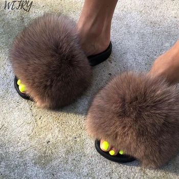 

2020 Luxury Fur Slippers Women Real Fox raccoon Fur Slides Home Furry Flat Sandals Female Cute Fluffy Wholesale