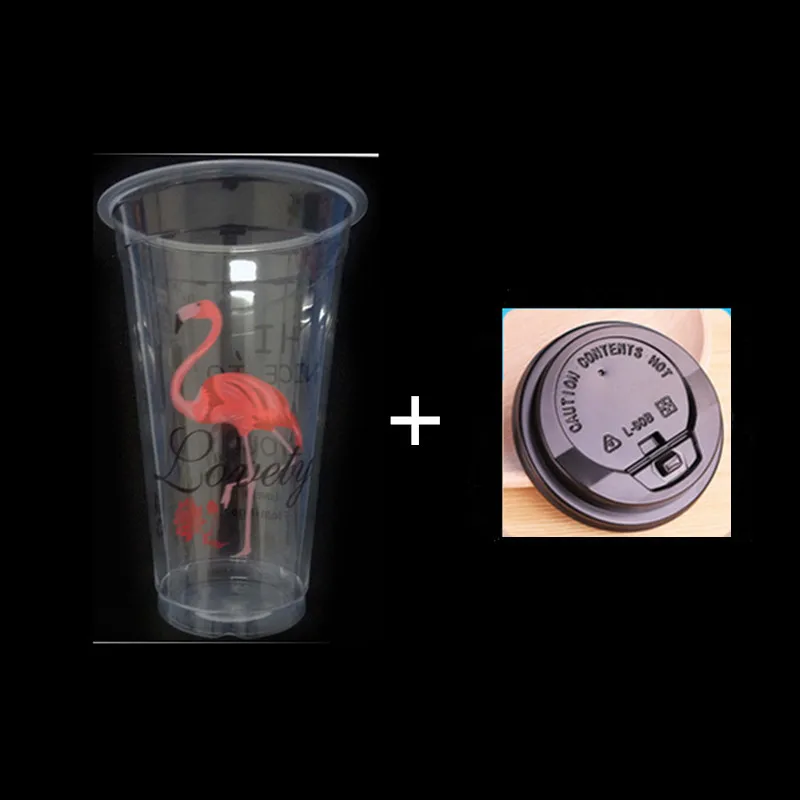 500pcs High quality flamingo cup 500ml transparent disposable coffee milk tea juice cold drink plastic cups with cover wholesale