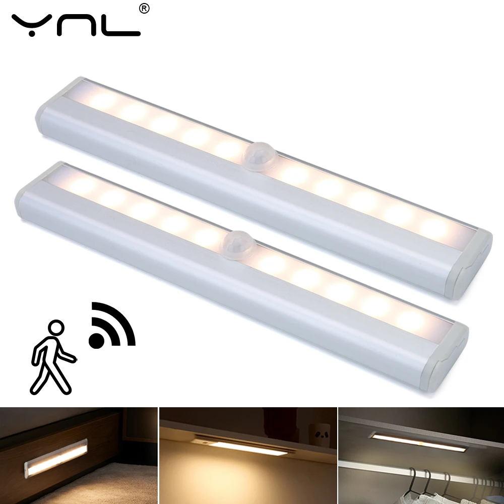 Motion Sensor LED Under Cabinet Light 10Leds AAA Battery Magnet Lights For Kitchen Wardrobe Bedroom Night |