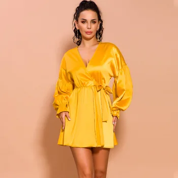 

2019 Autumn Mini Dress Sexy Celebrity Bow Lantern Sleeve Women Fashion V Neck Full Night Club Body con Party Dresses Wholesale