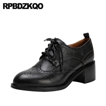 

lace up oxford heels ladies block thick high quality brogue genuine leather shoes pumps famous round toe size 4 34 black medium