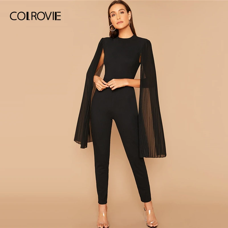 COLROVIE Solid Pleated Cape Jumpsuit Black Elegant Women 2019 Autumn Glamorous High Waist Cloak Sleeve Tapered Long Jumpsuits COLROVIE Solid Pleated Cape Jumpsuit Black Elegant Women 2019 Autumn Glamorous High Waist Cloak Sleeve Tapered Long Jumpsuits