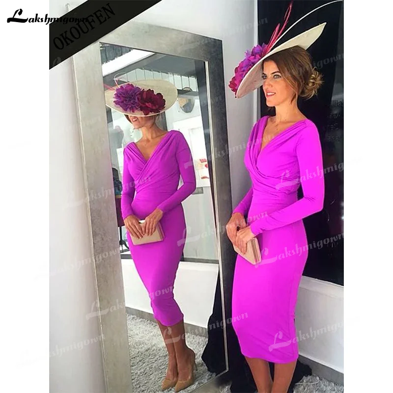 Simple Mother Of The Bride Dresses 2021 Below Knee Length Women Long  Sleeves V-neck Fuchsia Vestido De Madrinha - Mother Of The Bride Dresses -  AliExpress