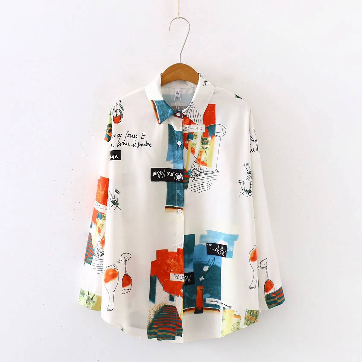White-Graffiti Print Новое поступление ретро граффити печати оверсайз отложной шифоновая блузка с воротником кнопка вверх Повседневная Свободная рубашка Feminina Blusa T99009F - Цвет: White-Graffiti Print