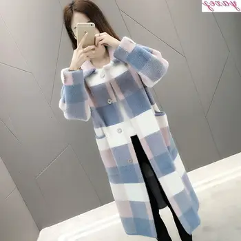 

Mink fur plaid autumn and winter new velvet over the knee loose large size long knit cardigan coat female thickening
