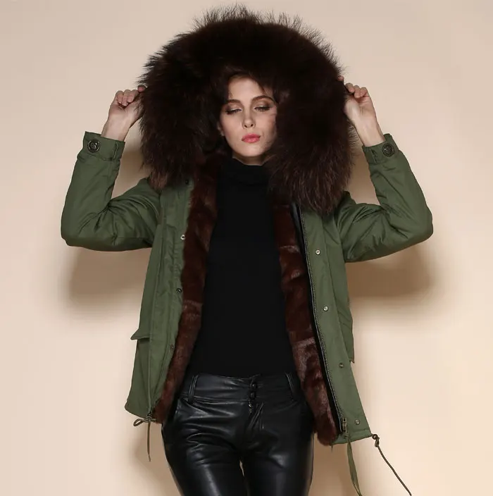 Brand Design Women Brown Big Raccoon Collar Winter Military Shell Warm Overcoat