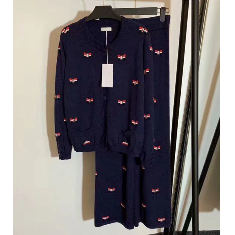 

9.15 2019 New print Bow long sleeve knitted cardigan + Bow drawstring wide leg pants