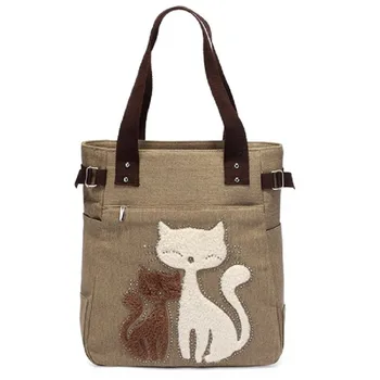

Lovely Cute Cat Canvas Handbag for Girls Ladies Large Capacity Casual Bag Women Portable Solid Zipper Shoulder Bag Bolsos Mujer