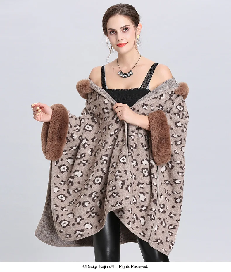 6 цветов SC332 зимний теплый плюс размер Модное пончо из искусственного лисьего меха женский леопардовый вязаный Свободный кардиган, пальто с меховой шапкой