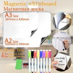 Tableau blanc magnétique pour enfants, 2 pièces, A2 + A3, tableau blanc effaçable à sec, autocollants pour réfrigérateur, tableau de messages pour le bureau et la maison 