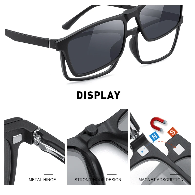 5 In 1 Magnet Polarized Clip Square Eyeglasses Frame Men Women TR90 Glasses Frame S2149