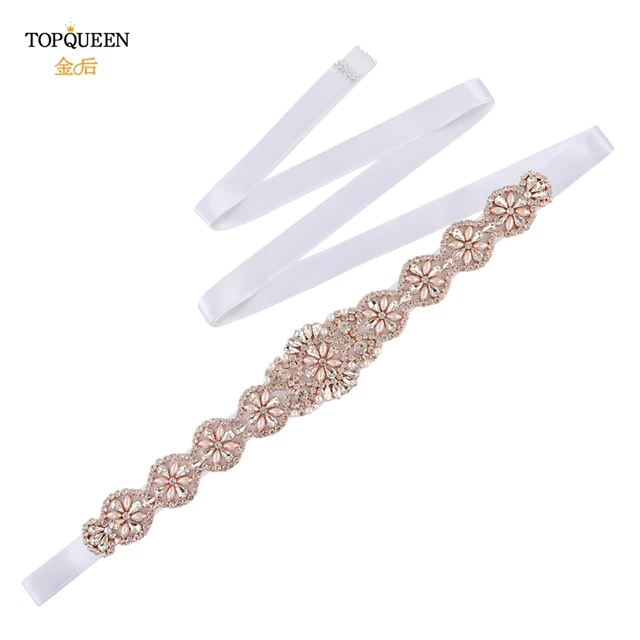 TOPQUEEN S161-RG Bridal Wedding Rose Gold Party Belts for Women Fashion Rhinestone Ribbon Fancy Sash Formal Prom Dress Belt White Ribbon