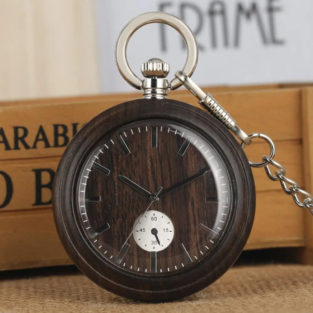 Wooden Pocket Watch Bronze Ebony Quartz fob Watches Open Face Rough Chain Pendant Clock Unique Mens Gifts orologio da tasca