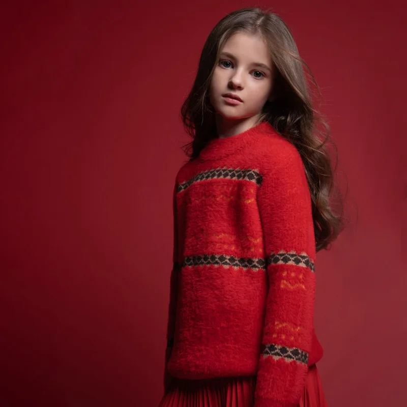 

Winter Girl Sweater Soft Warm Thick Tops Clothes for Big Kids New Year Christmas Red Sweater School Children Clothes