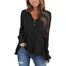 

Womens Casual Soft Long Sleeves V-Neck Top Spring Autumn Comfy Sexy Ruffles Simple Solid T-Shirt Females Travel Vocation Clothes