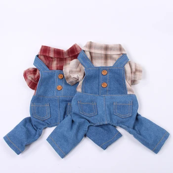 

New Plaid Pet Dog Jumpsuit Rompers Dog T-shirt Denim Pants Spring/Summer Clothing Apparel 5 Sizes 2 Colours