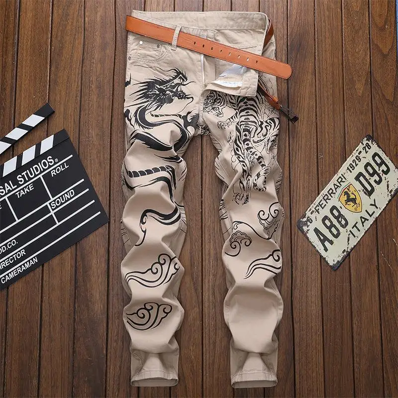 

New dragon print men's jeans youth fashion slim casual personality men's trousers straight jeans pants clothing