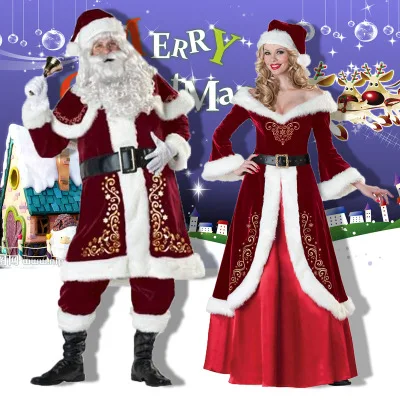M-XXXL, полный комплект роскошных бархатных костюмов Санта Клауса для взрослых, Красная рождественская одежда, роскошный костюм Санта Клауса для пары Женщины Мужчины Костюмные перчатки+ шаль+ шапка+ одежда+ пояс