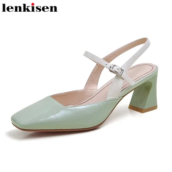 

Lenkisen simple style cow leather high quality handmade square toe high square heel mixed colors buckle straps women pumps L61