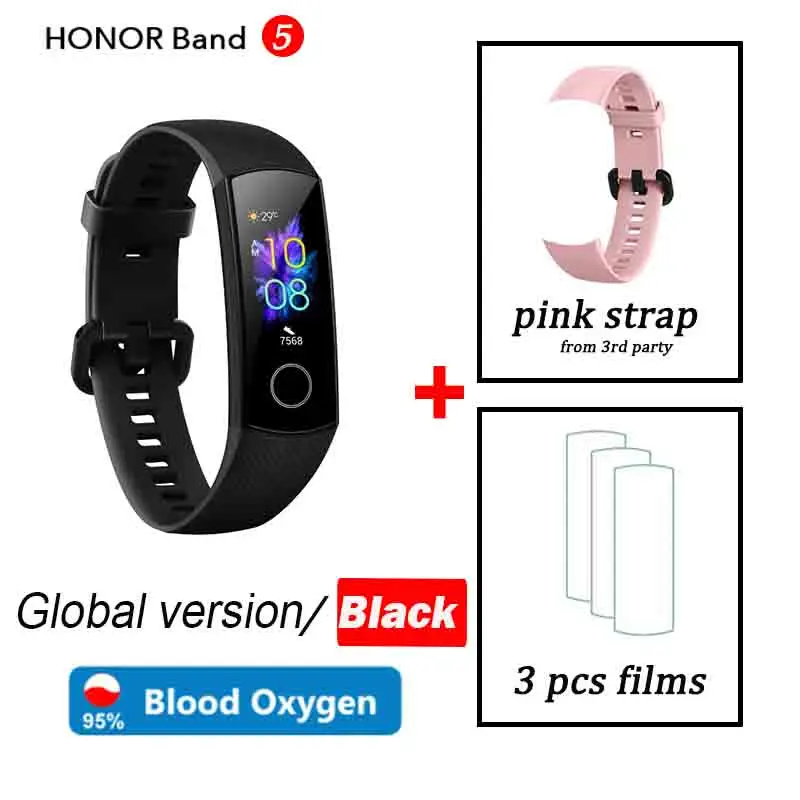 Кровяный кислород honor band 5 Смарт-браслет AMOLED Huawe honor умные часы пульсометр фитнес сон Плавание Спорт трекер - Цвет: black global pink
